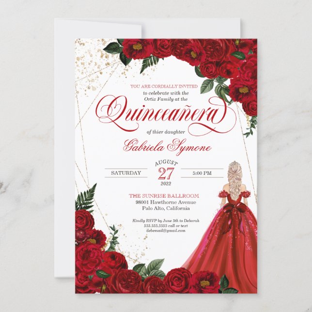 Ruby Red Floral Rose & Gold Elegant Quinceañera In Invitation (Front)