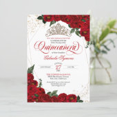 Ruby Red Floral Rose & Gold Elegant Quinceañera Invitation (Standing Front)