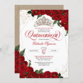 Ruby Red Floral Rose & Gold Elegant Quinceañera Invitation (Front/Back)