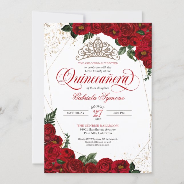 Ruby Red Floral Rose & Gold Elegant Quinceañera Invitation (Front)