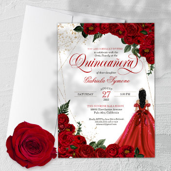 Ruby Red Floral Rose & Gold Elegant Quinceañera Invitation by PrettyInviting at Zazzle