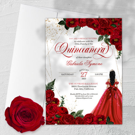 Ruby Red Floral Rose & Gold Elegant Quinceañera Invitation