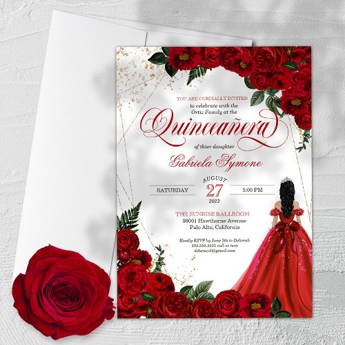 Ruby Red Floral Rose  Gold Elegant Quinceaera Invitation