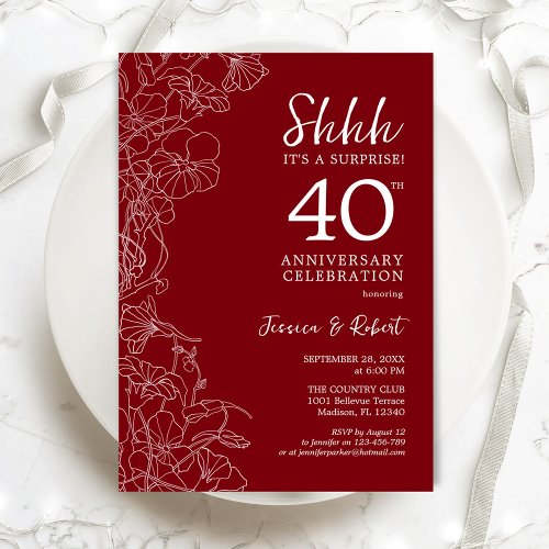Ruby Red Floral Surprise 40th Anniversary Invitation