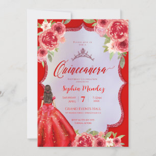 Ruby Red Floral Watercolor Quinceanera Invitation