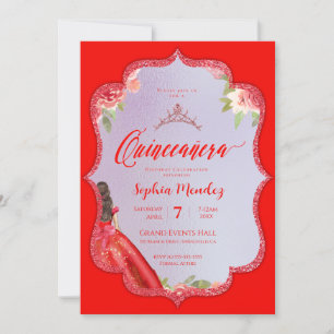 Ruby Red Floral Watercolor Quinceanera Invitation
