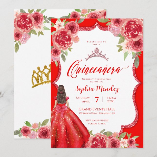 Ruby Red Floral Watercolor Quinceanera Invitation (Front/Back)
