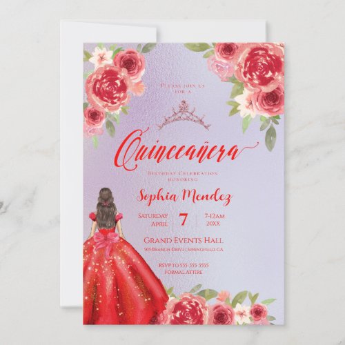 Ruby Red Floral Watercolor Quinceanera Invitation