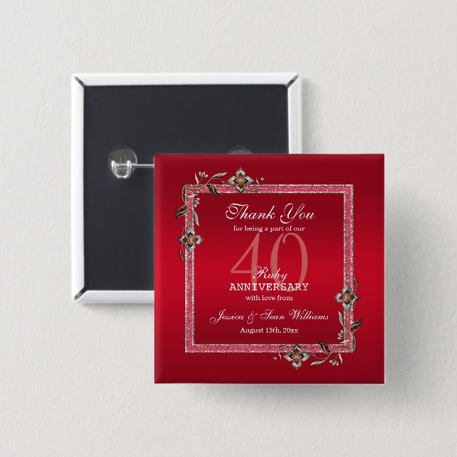 Ruby Red Gems & Glitter Ruby 40TH Wedding Button (Front & Back)