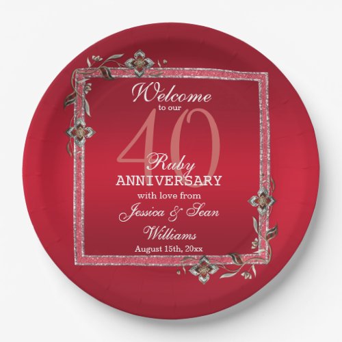 Ruby Red Gems  Glitter Ruby 40TH Wedding Paper Plates