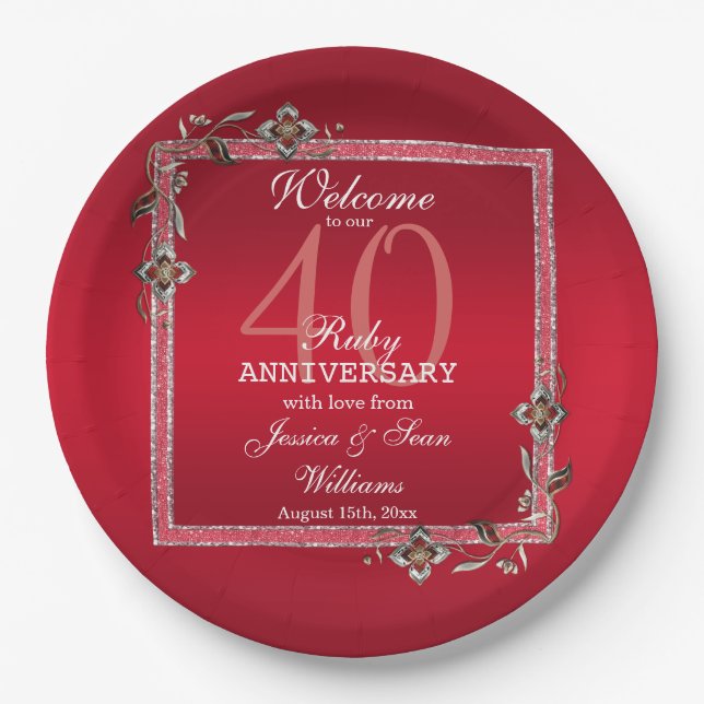 Ruby Red Gems & Glitter Ruby 40TH Wedding Paper Plates (Front)