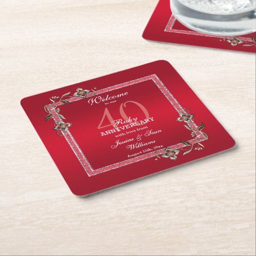 Ruby Red Gems  Glitter Ruby 40TH Wedding Square Paper Coaster