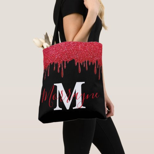 Ruby Red Glitter Drips Sparkles Metallic Monogram Tote Bag