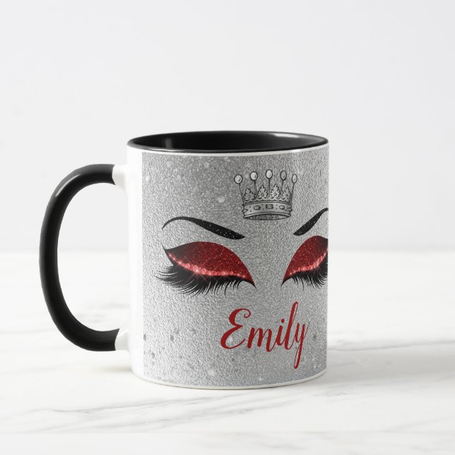 Ruby Red Glitter Eyes Monogram Mug (Left)