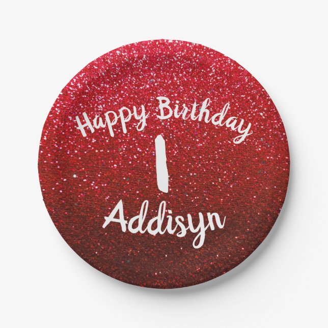 Ruby Red Glitter Metallic Ombre Birthday Sparkles Paper Plates (Front)