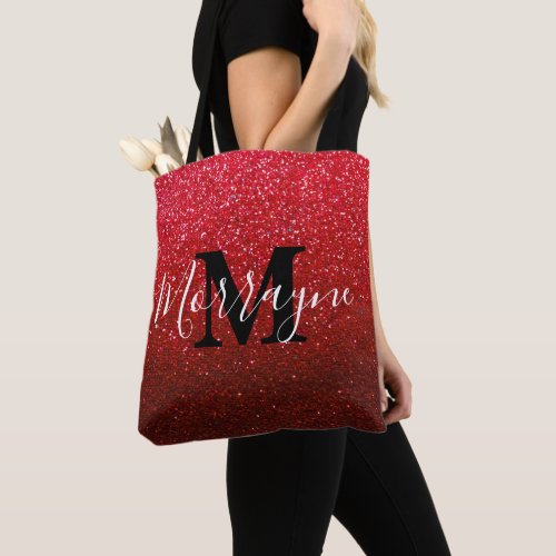 Ruby Red Glitter Ombre Sparkles Metallic Monogram Tote Bag