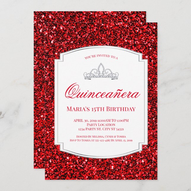 Ruby Red Glitter Quinceañera Invitations (Front/Back)