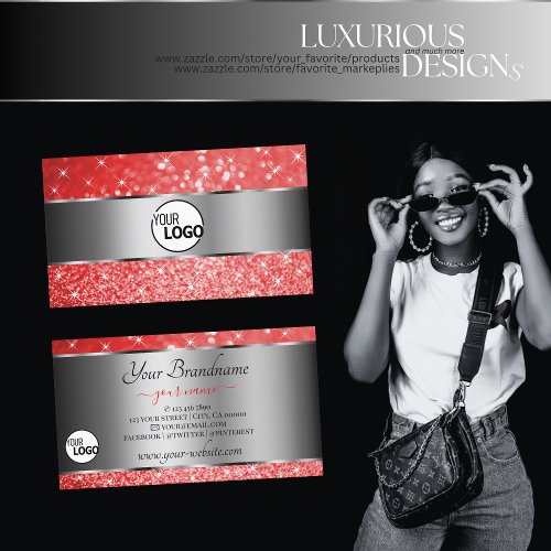 Ruby Red Glitter Silver Luminous Stars and Logo Business Card