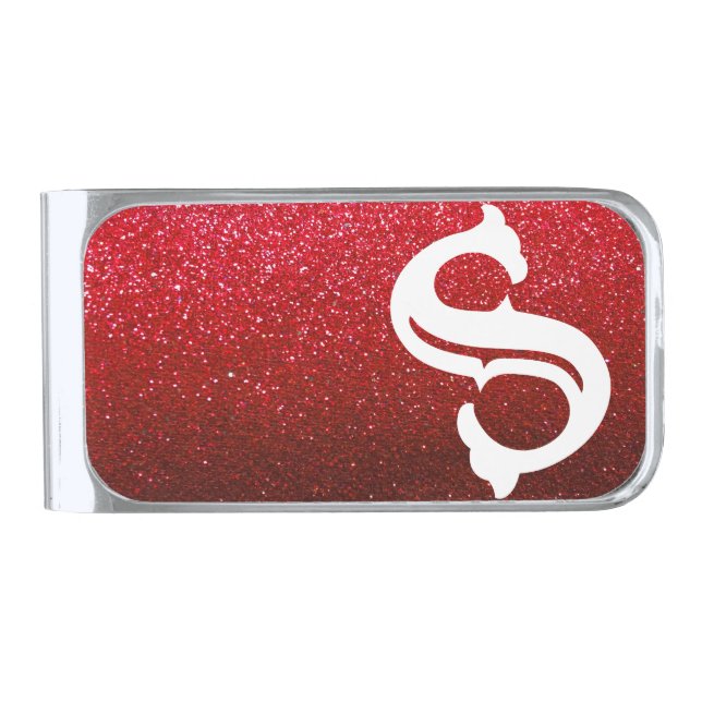 Ruby Red Glitter Sparkles Ombre White Monogram Silver Finish Money Clip (Front)