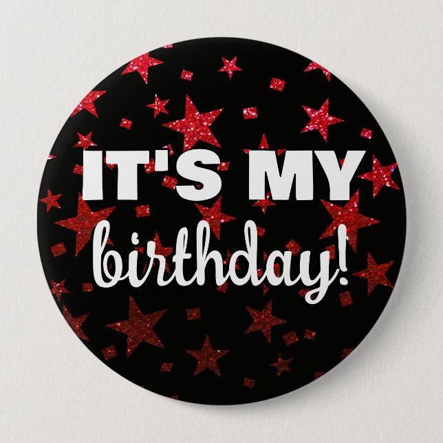 Ruby Red Glitter Stars Confetti It's My Birthday Button (Front)