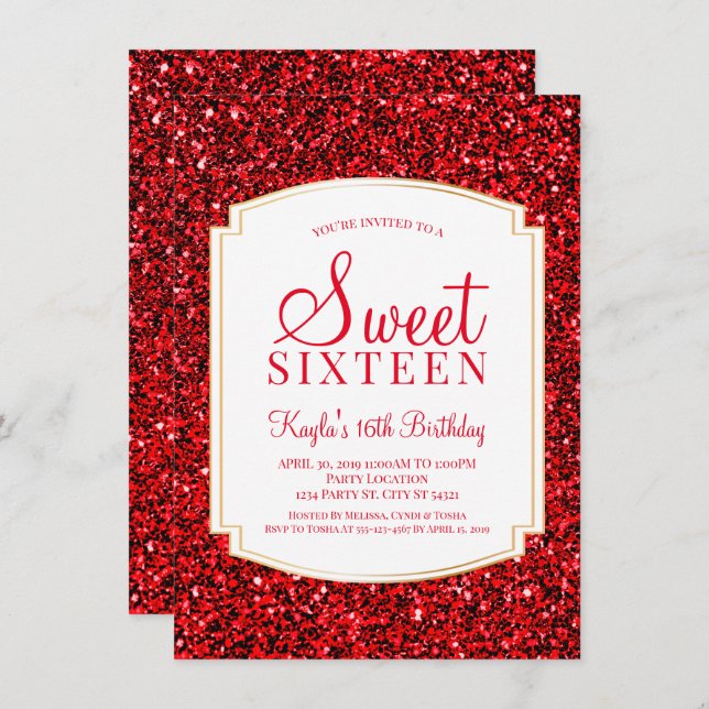 Ruby Red Glitter Sweet 16 Invitations (Front/Back)