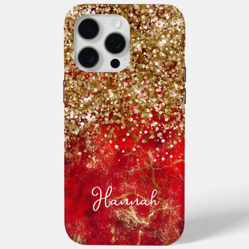 Ruby Red Glittery Gold Glam Personalized iPhone 15 Pro Max Case