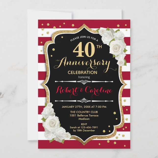  Ruby Red Gold Black 40th Anniversary Invitation (Front)