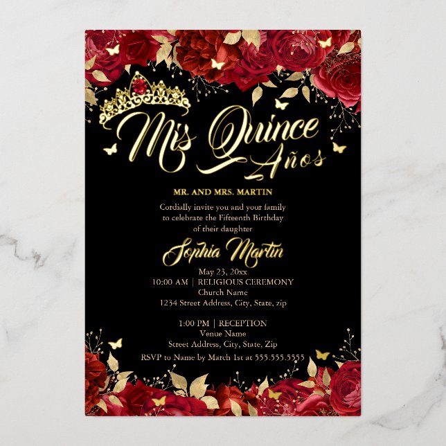 Ruby Red Gold Black Rose Mis Quince Quinceanera  Foil Invitation (Front)