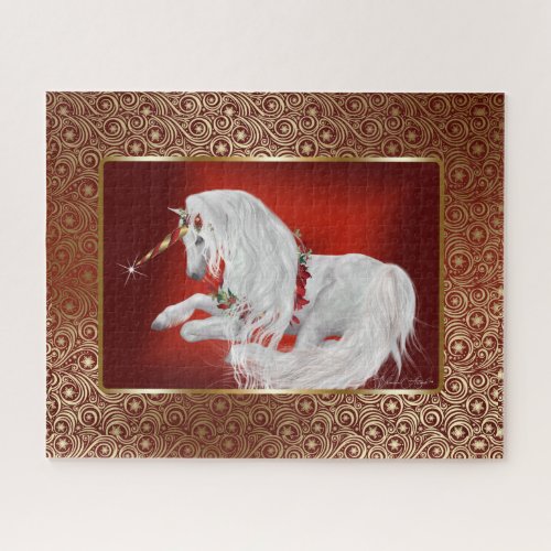 Ruby Red Gold Fantasy Holiday Unicorn  Jigsaw Puzzle
