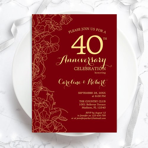 Ruby Red Gold Floral 40th Anniversary Invitation