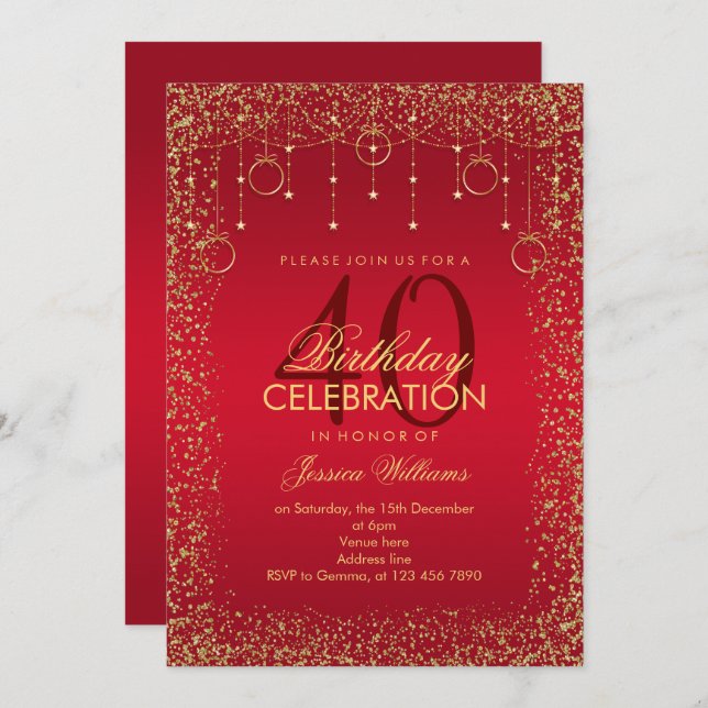 Ruby Red & Gold Glitter Decoration Birthday Invitation (Front/Back)