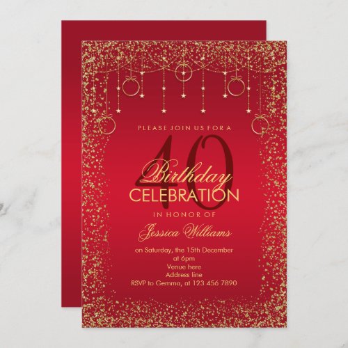 Ruby Red  Gold Glitter Decoration Birthday Invitation