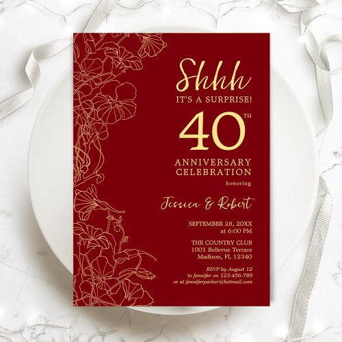 Ruby Red Gold Surprise 40th Anniversary Invitation
