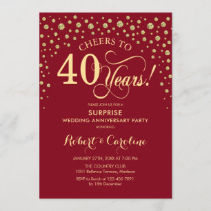 Ruby Red Gold Surprise 40th Anniversary Party Invitation