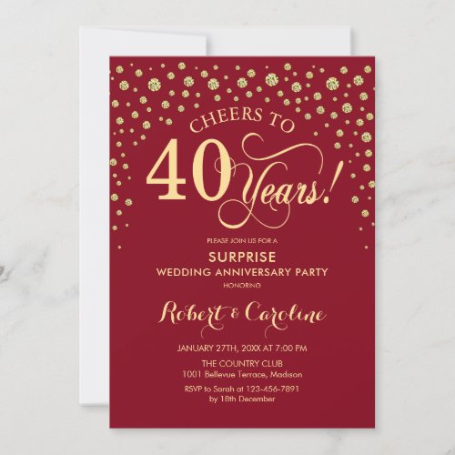 Ruby Red Gold Surprise 40th Anniversary Party Invitation