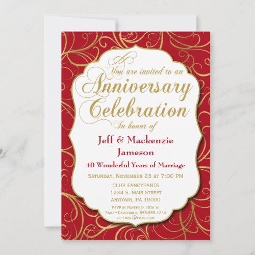 Ruby Red Gold Swirl Anniversary Invitation Elegant