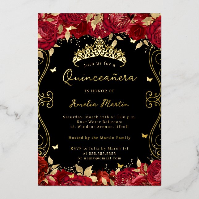 Ruby Red Gold Swirl Scroll Floral Quinceanera  Foil Invitation (Front)