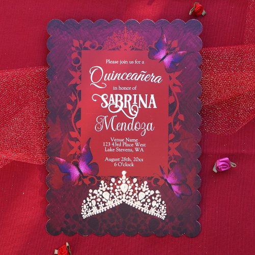Ruby Red Gold Tiara Pink Butterflies Quinceanera Invitation