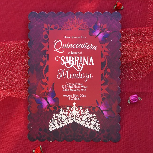Ruby Red, Gold Tiara, Pink Butterflies Quinceanera Invitation (Elegant Red Butterfly Quinceanera Invitation with Gold Tiara)