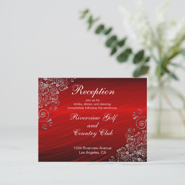 Ruby Red Gray Swirls Wedding Reception Invitation (Standing Front)