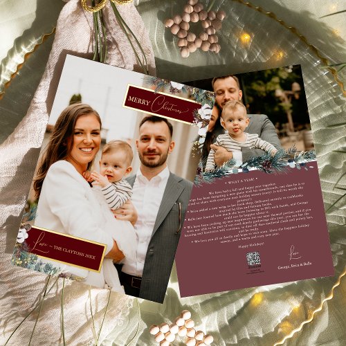 Ruby Red Greenery Vintage Christmas Family Picture Foil Holiday Card
