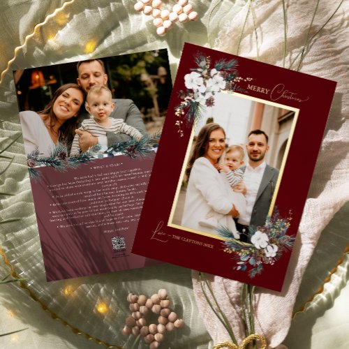 Ruby Red Greenery Vintage Christmas Two Photo Foil Holiday Card