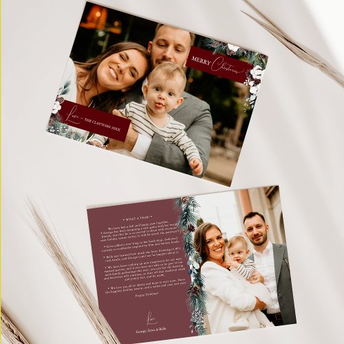 Ruby Red Greenery Vintage Family Newsletter Photo Holiday Card