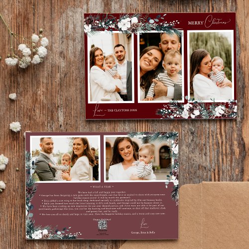 Ruby Red Greenery Vintage Five Photo Collage Holiday Card