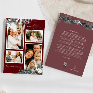 Ruby Red Greenery Vintage Four Photo Collage Holiday Card