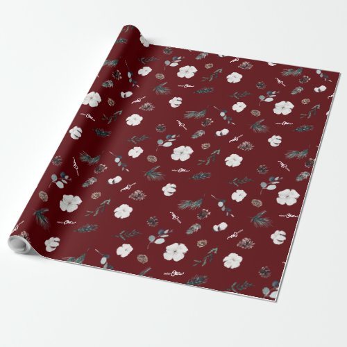 Ruby Red Greenery Vintage Merry Christmas Wrapping Paper