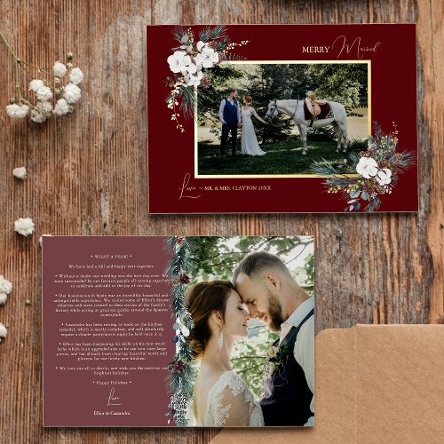 Ruby Red Greenery Vintage Merry Married Photo Foil Holiday Card