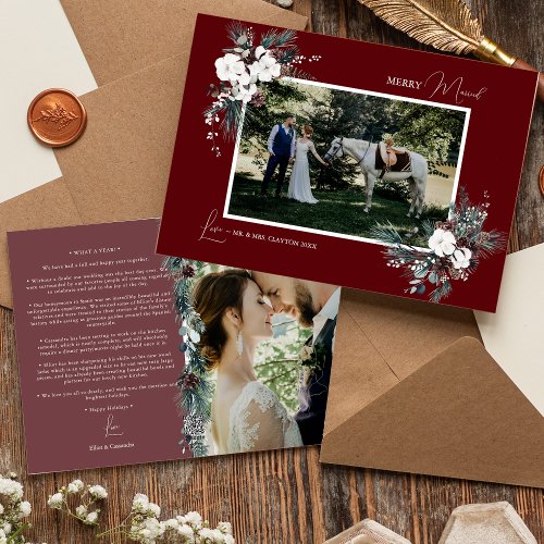 Ruby Red Greenery Vintage Merry Married Photo Holiday Card