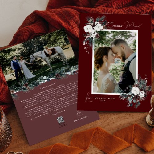 Ruby Red Greenery Vintage Merry Married Portrait Holiday Card