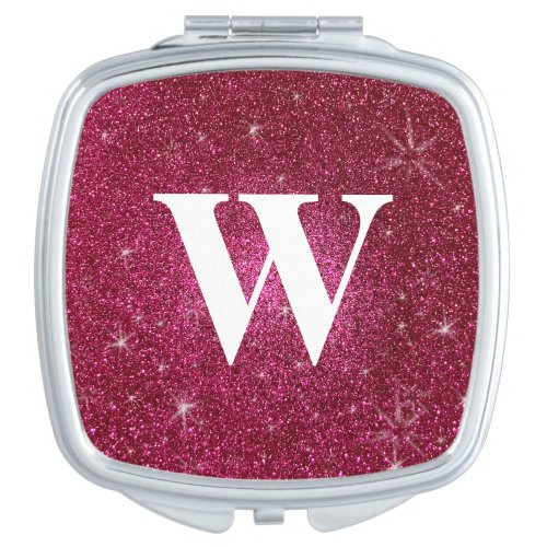 Ruby Red Hot Pink Glitter Wedding Monogram Compact Mirror